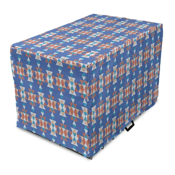 Aztec Dog Crate Cover, Retro Layout of Triangles Composition Native Vibes, Easy to Use Pet Kennel Cover Small Dogs Puppies Kittens, 7 Sizes, Azure Blue Multicolor, by Ambesonne