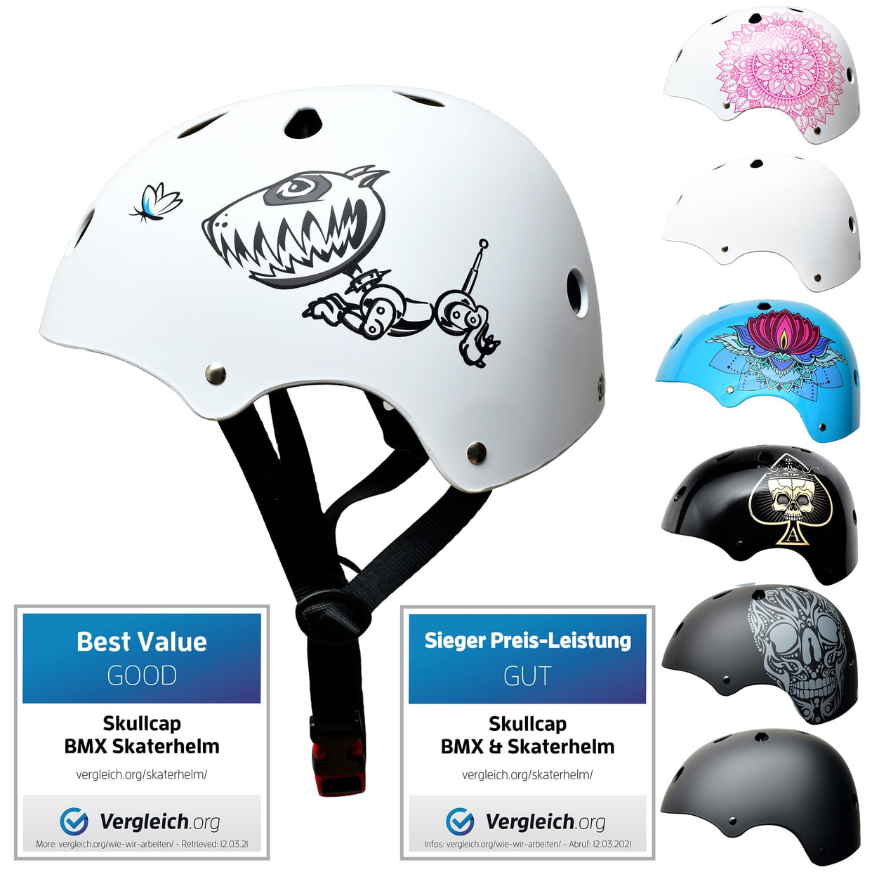 breng de actie stapel Aan boord Skull-C Skateboard & BMX Bike Helmet for Kids & Adults – 25 Designs,  Robodog, White – Children Helmet, Size: S - Walmart.com