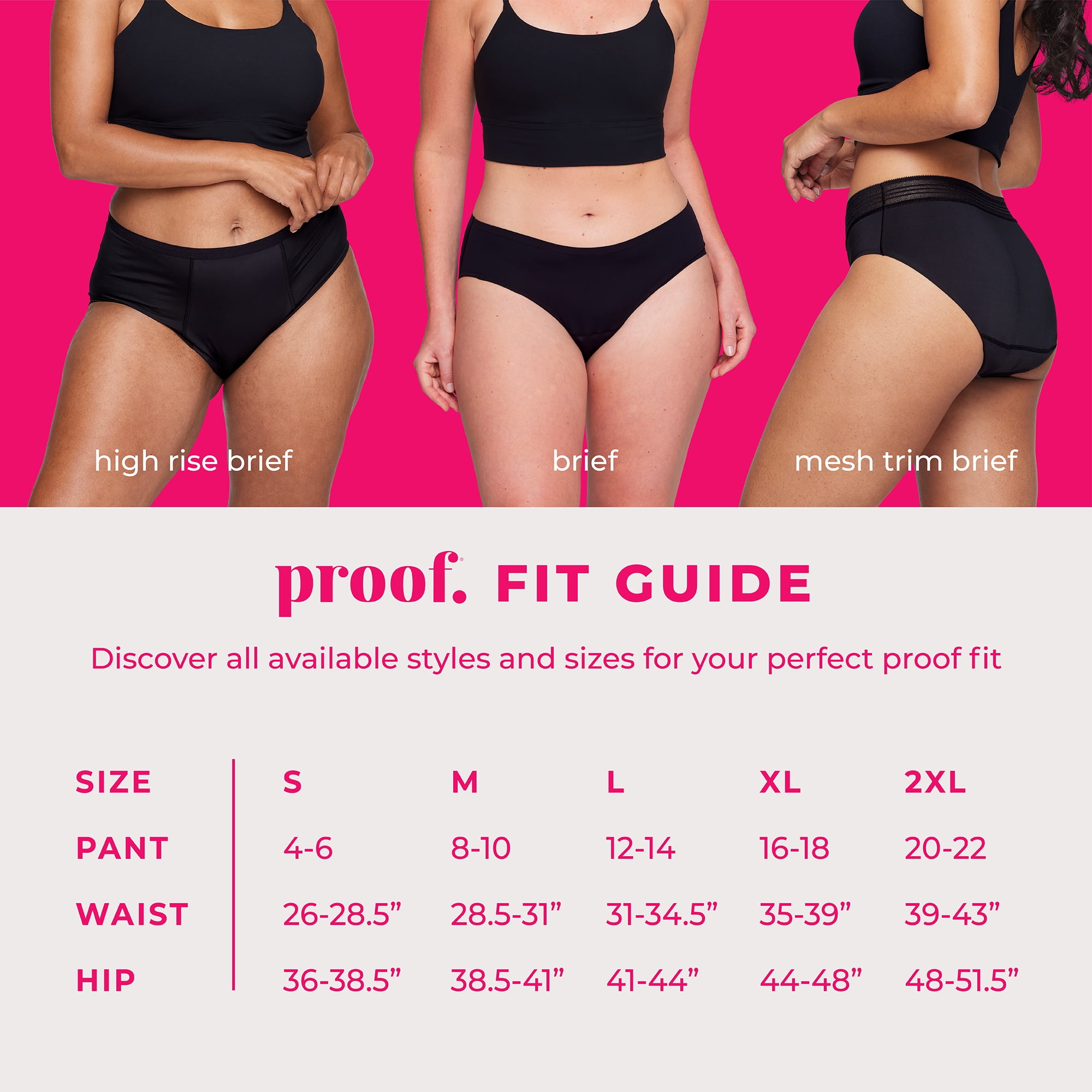 Proof Women's Moderate Absorbency, Brief Mesh Trim Period Underwear, Black, Choose Your Size