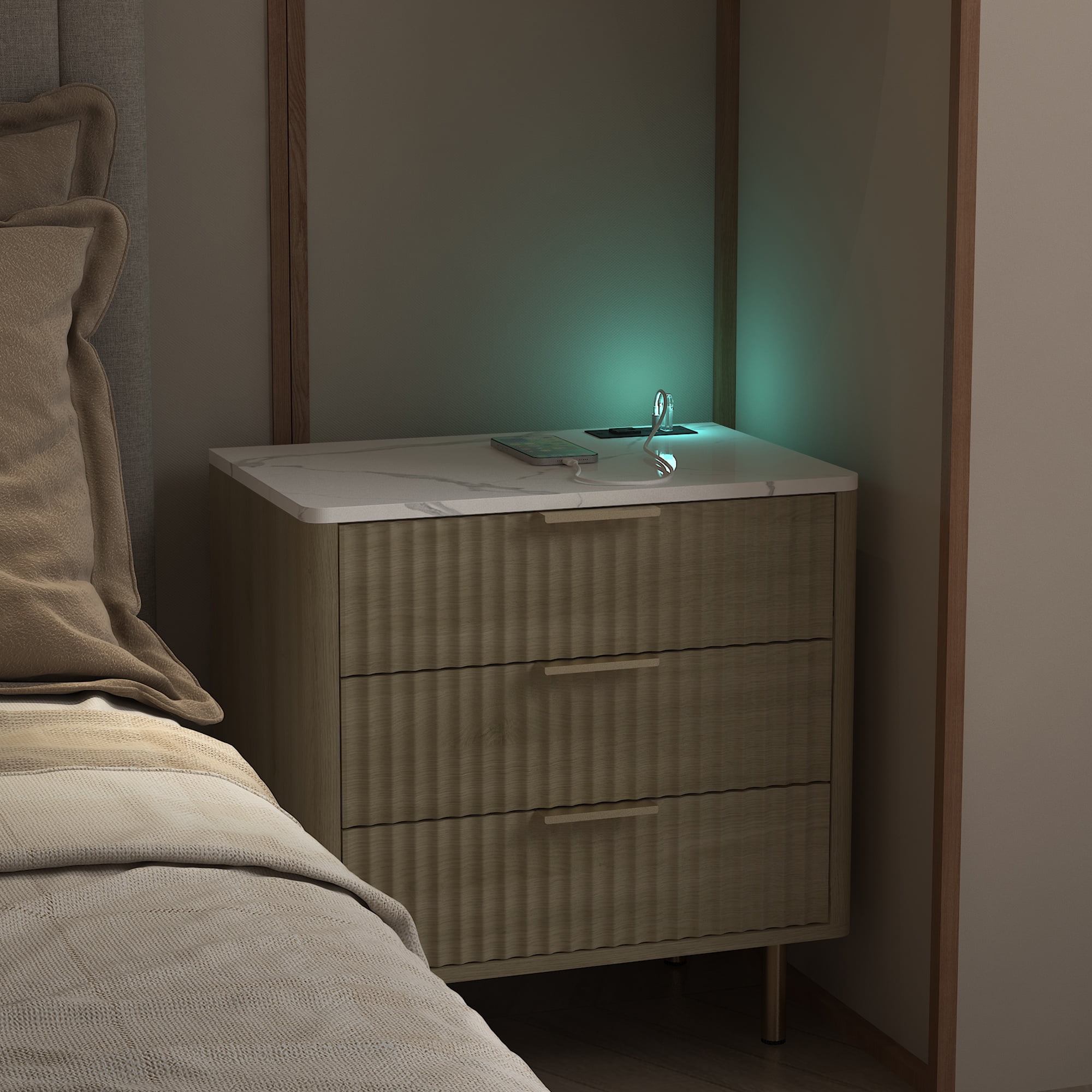 Aukfa Smart 3 Drawer Nightstand with Charging Station, Side Table with Voice-Controlled 7-Color LED Light,Natural
