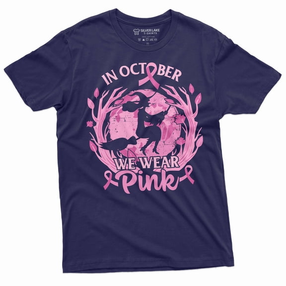 in October we wear pink cancer awareness month T-shirt Halloween witch wearing Pink awareness tee (Large Navy Blue)