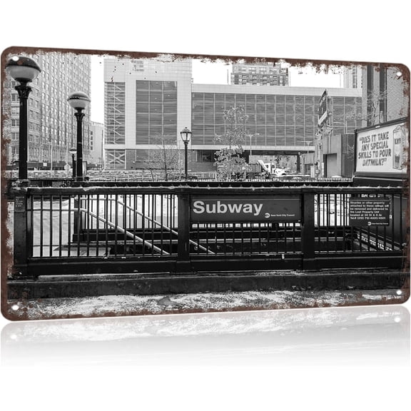 Nyc Subway Stop Vintage City Landscape Metal Tin Sign, Retro Travel Tin Signs Posters For Man Cave Bar Garage Car Room Streets Wall Decor 8 X 12 Inch