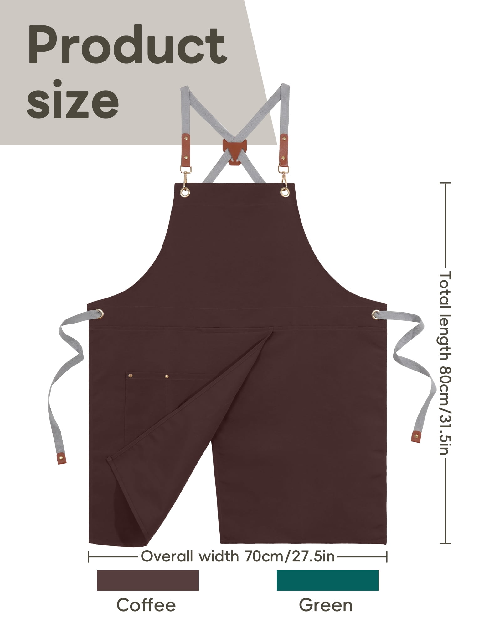 HonorHut Canvas Chef Apron Split Leg Apron with Multi Pocket Cross Back Adjustable Strap Work Apron for Kitchen Cooking Baking Grilling Green