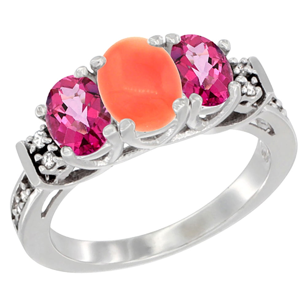 14K White Gold Natural Coral & Pink Topaz Ring 3-Stone Oval Diamond Accent, sizes 5-10 by WorldJewels