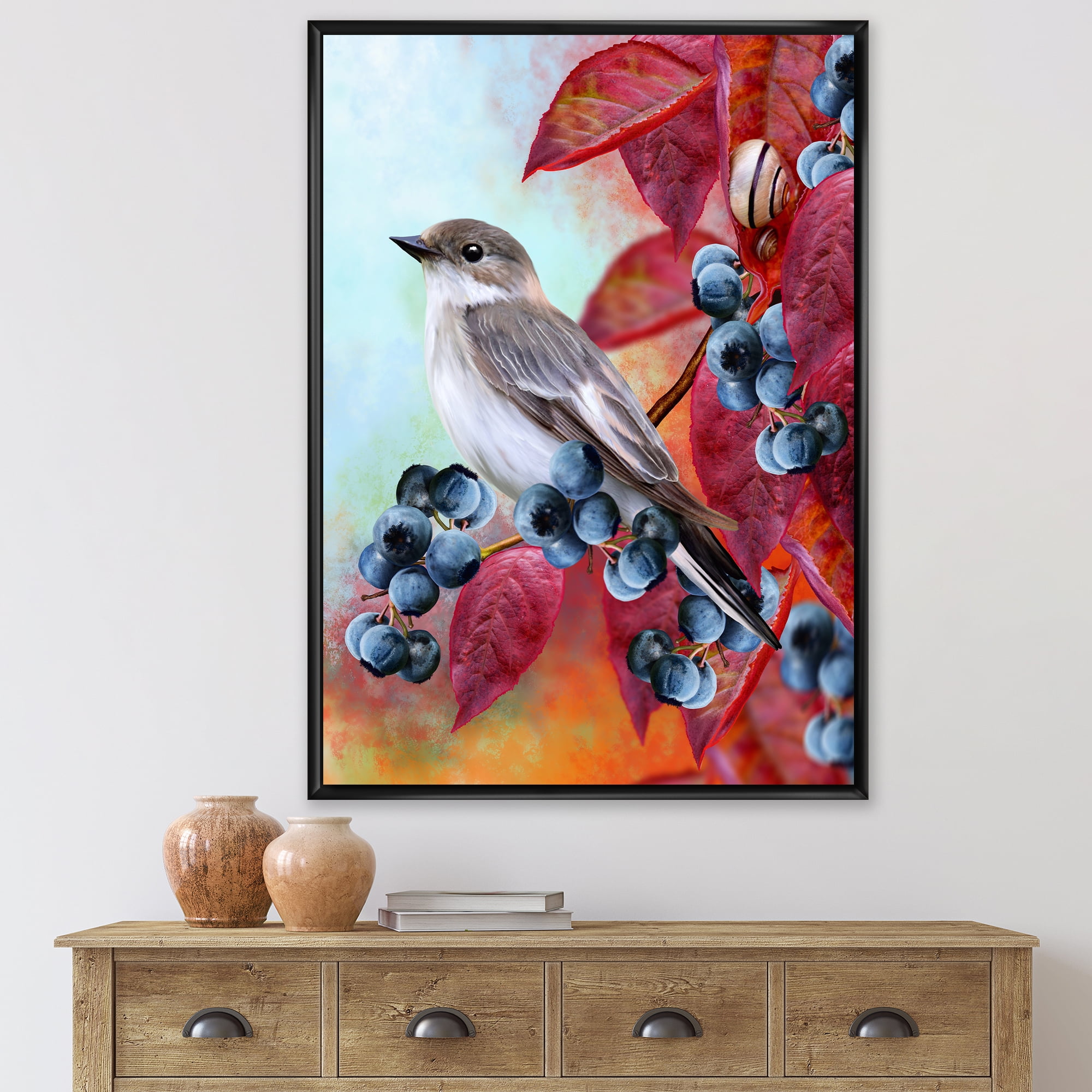 Designart 'Close Up Little Gray Bird On Red Autumn On Blueberry Twig' Traditional Framed Canvas Wall Art Print