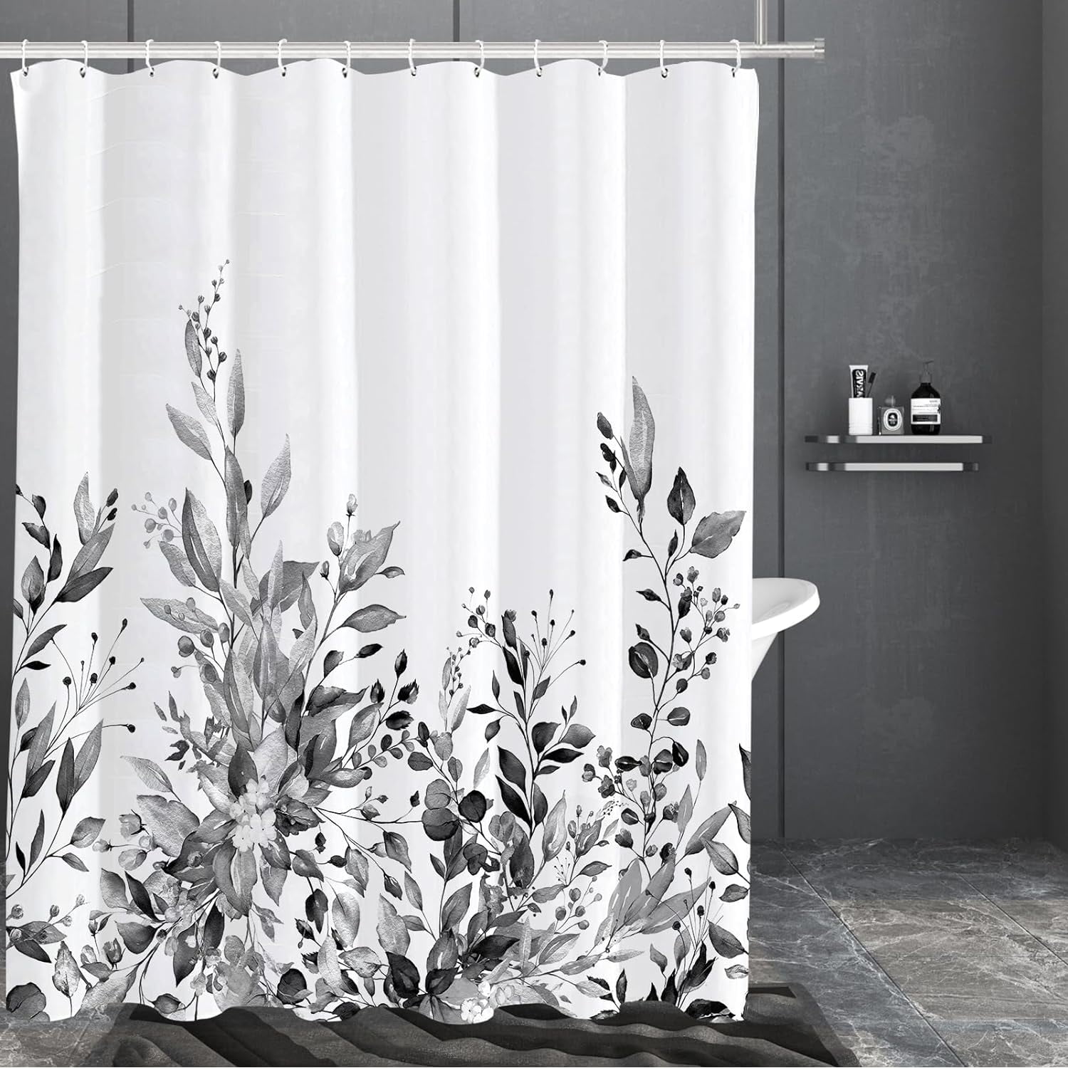 Black Eucalyptus Shower Curtain, Watercolor Grey Leaves Plant with Floral Bathroom Decoration Shower Curtain Sets 71x71 Inch with Hooks