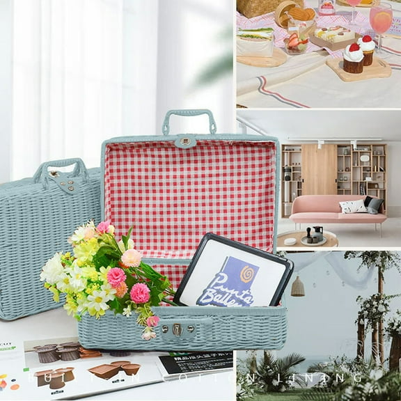 Gnmfd Retro Imitation Rattan Storage Box with Lid, Portable Organizer for Wedding Photography Souvenirs Home Decorations, Desktop Storage Cabinet, Cube Storage Organizer, Christmas Party Favors