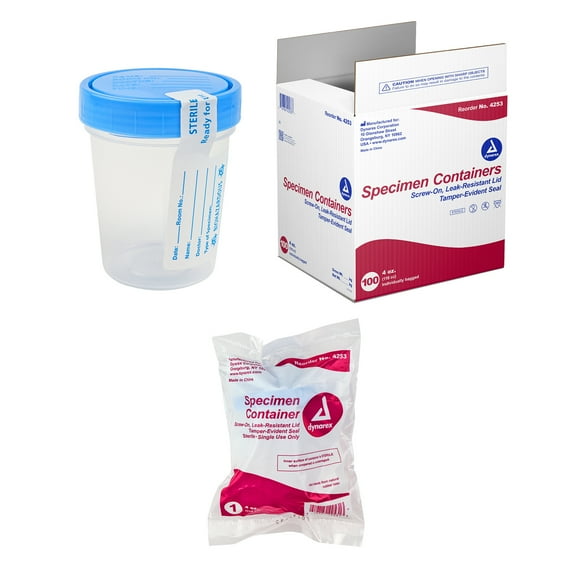 Dynarex Specimen Containers, Sterile, 4 oz. Individually Wrapped Specimen Cups with Lids & ID Label, Used for Drug Testing and Urinalysis, Clear with Blue Lid, 1 Case of 100 Specimen Containers