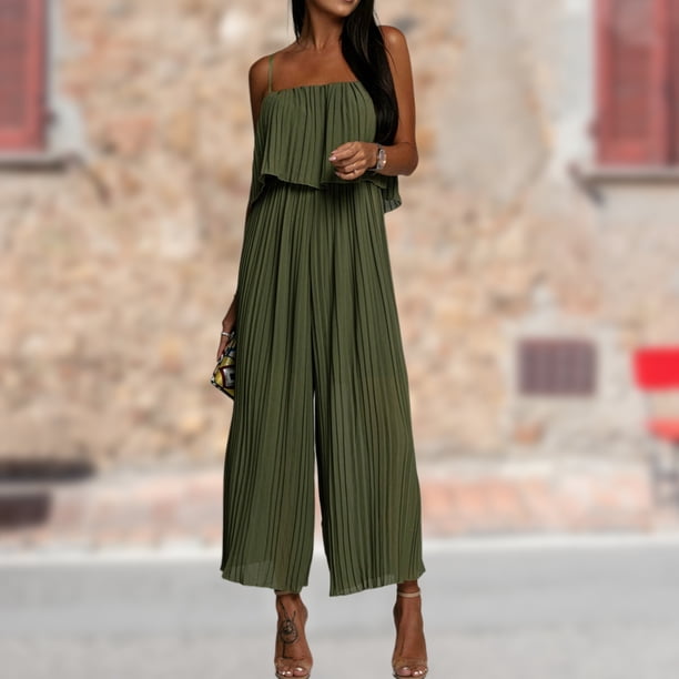 Mono Con Tirantes De Espagueti Pelele plisado para mujer, estilo informal, sin mangas, color sólido, ajuste holgado, atuendo diario Cgtredaw L Verde para Mujer