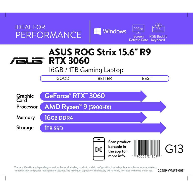 PC portable Asus PC Portable ROG STRIX-G15-G513RS-HQ004W 15 WQHD AMD Ryzen  9-6900H 16Go RAM DDR5 1To SSD Win 11 Home Noir