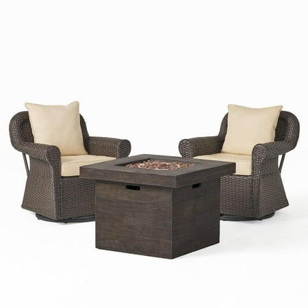 Yamato Outdoor Wicker Swivel Club Chair and Fire Pit Set - 3 Piece Dark Brown - Beige - and Natural