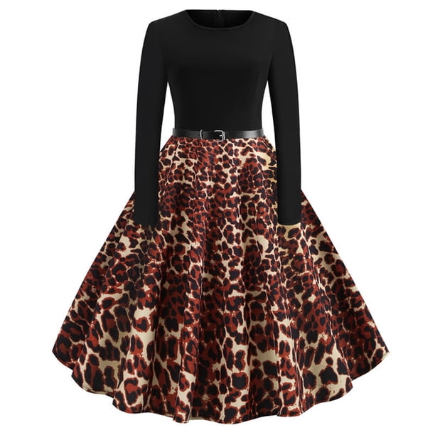 Vestido de manga larga con estampado de cuello en R para mujer, vestido de fiesta retro con empalme de leopardo, vestido de manga larga Fridja NMB2860