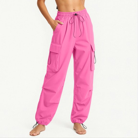 Oiangi Womens Plus Size Cargo Pants Elastic Waist Drawstring Parachute Pant Casual Lightweight Hiking Pants with Multi-Pocket Hot Pink M