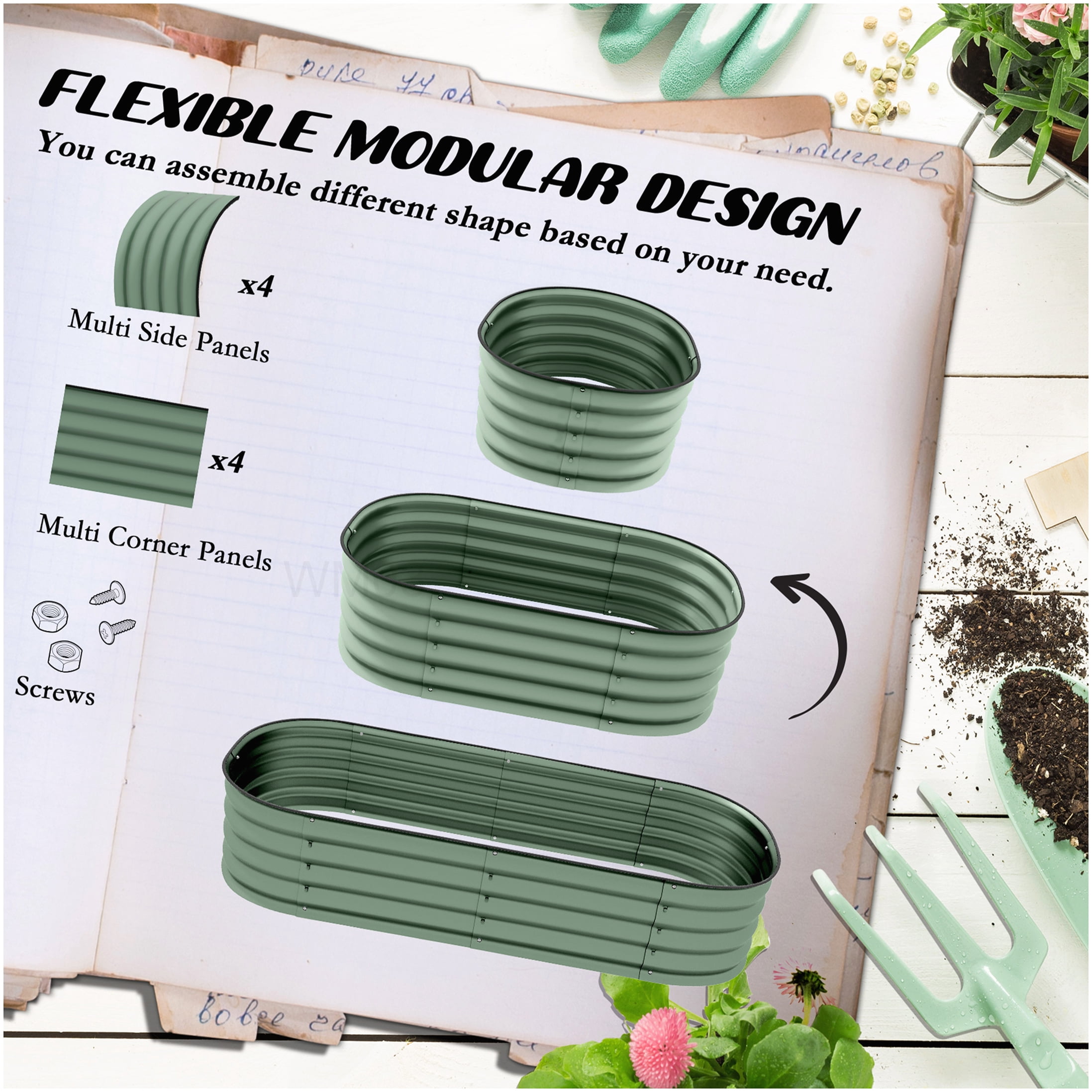 Outdoor Metal Raised Garden Bed, 59" L Green Elevated Planter Box Kit with Safety Edging, for Herbs, Vegetables & Flower Gardening