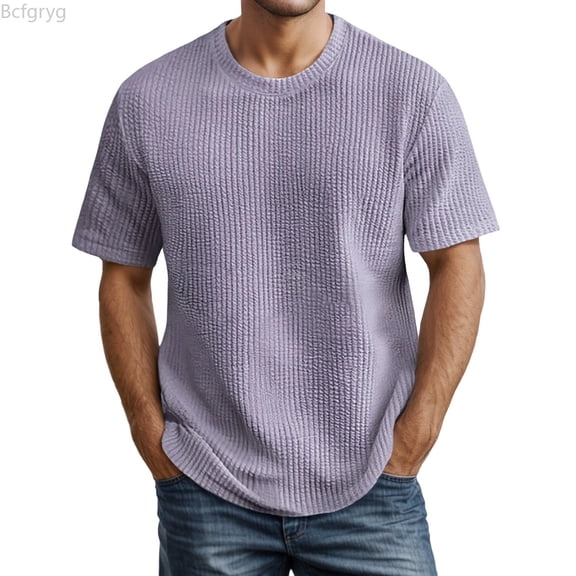 Bcfgryg Ribbed Knit Short Sleeve Crew Neck T Shirt Comfortable Casual Tee Shirt For Daily Wear And Relaxation T Shirts for Men Purple L