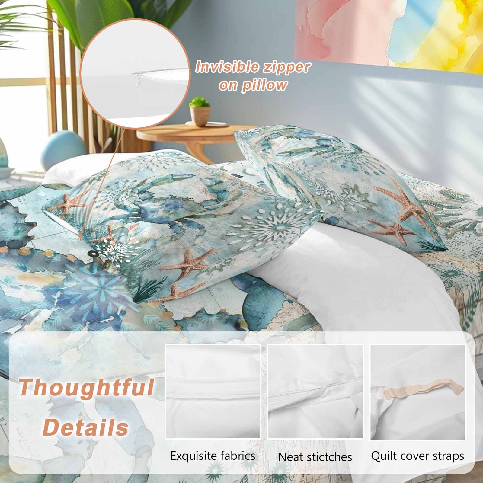 Retro Sea Crabs Bedding Duvet Cover Set Twin Size 4 Pieces Sea Stars Corals Ocean Animals Bedding Set with Zipper Closure, 1 Comforter Cover 68x86 Inches 1 Flat Sheet & 2 Pillow Cases
