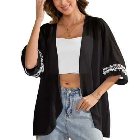 Uvplove women s Swimsuit Cover Up Shirt Lightweght Puff Sleeve Cardigan Chiffon Blouse Top Black XXL