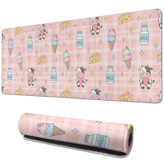Long Mouse Pads for Desk,Pink Cow Dairy Pattern Desk Mats on Top Of Desks, Desk Mouse Pad Extra Large with 3mm Non-Slip Base and Stitched Edge for Gaming,Office,Work,Home 31.5"x11.8"