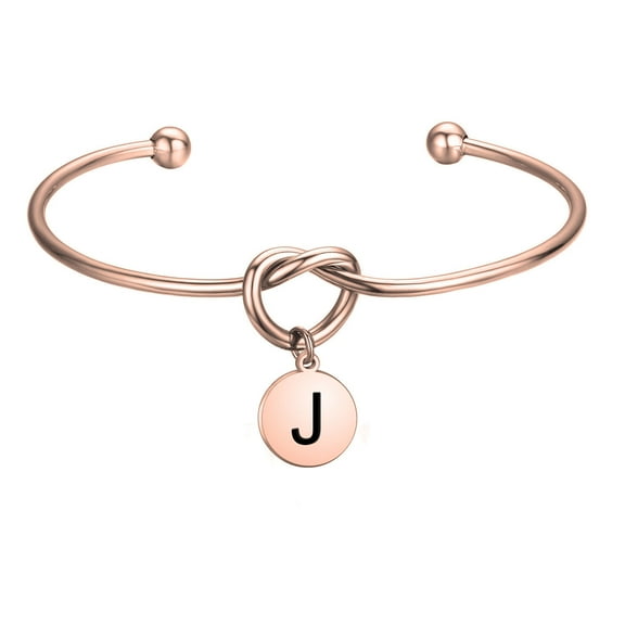 Love Knot with Round Disc Engraved Initial Bangle Bracelet,Bridesmaid Gift,Personalized Gift for Women Girl Bridesmaid Jewelry(J)