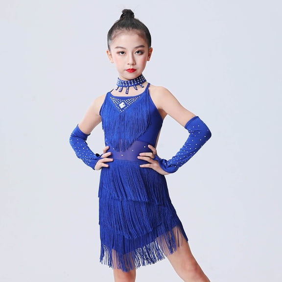 Huowey Children Girls Dance Dress Suit Solid Color Spaghetti Strap Sleeveless Tiered Tassel Sequin Latin Dresses Sets Festival Performance Party Fashionable Outfits,Blue,7-8 Years