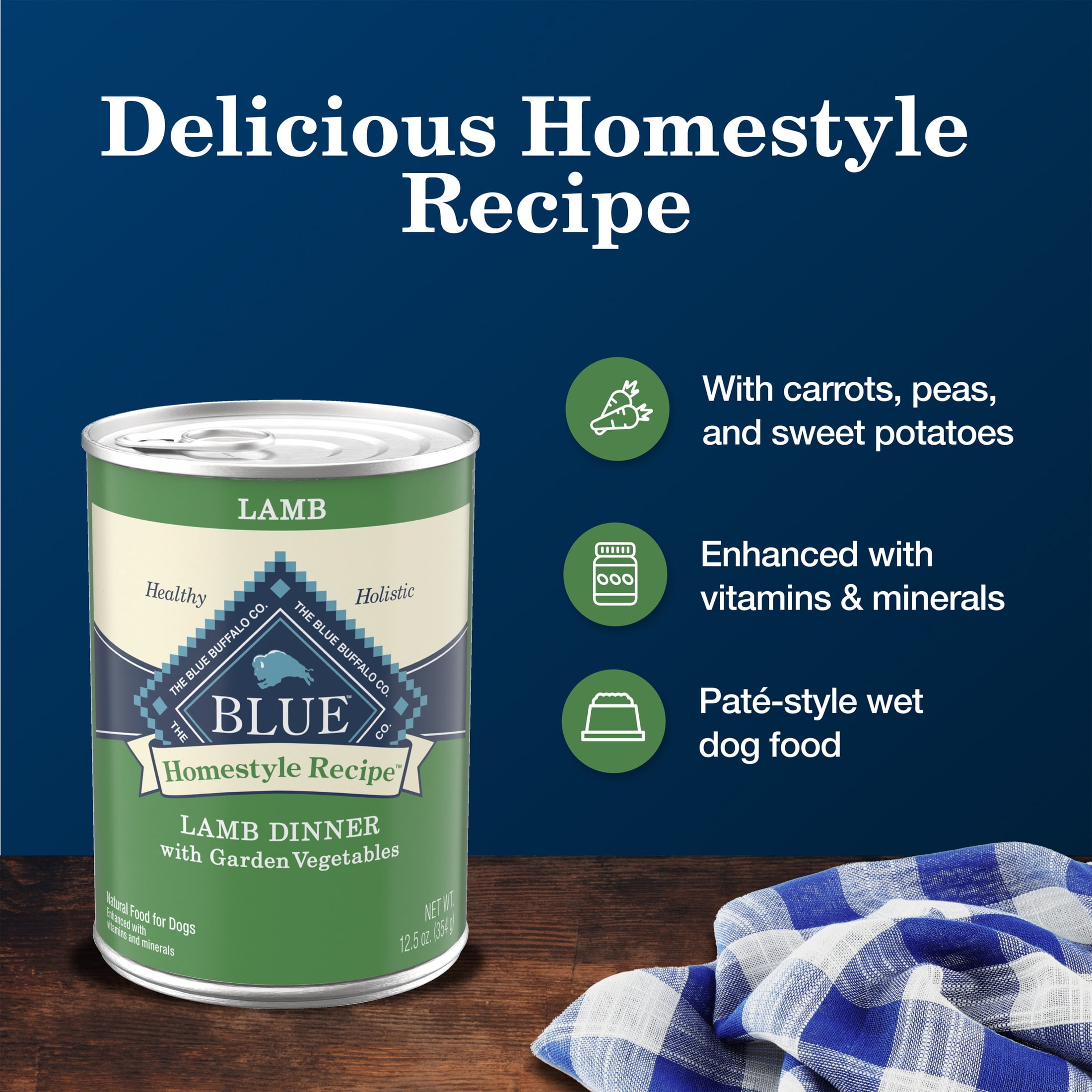 (12 pack) Blue Buffalo Homestyle Recipe Adult Wet Dog Food, Lamb Dinner, 12.5-oz. Can