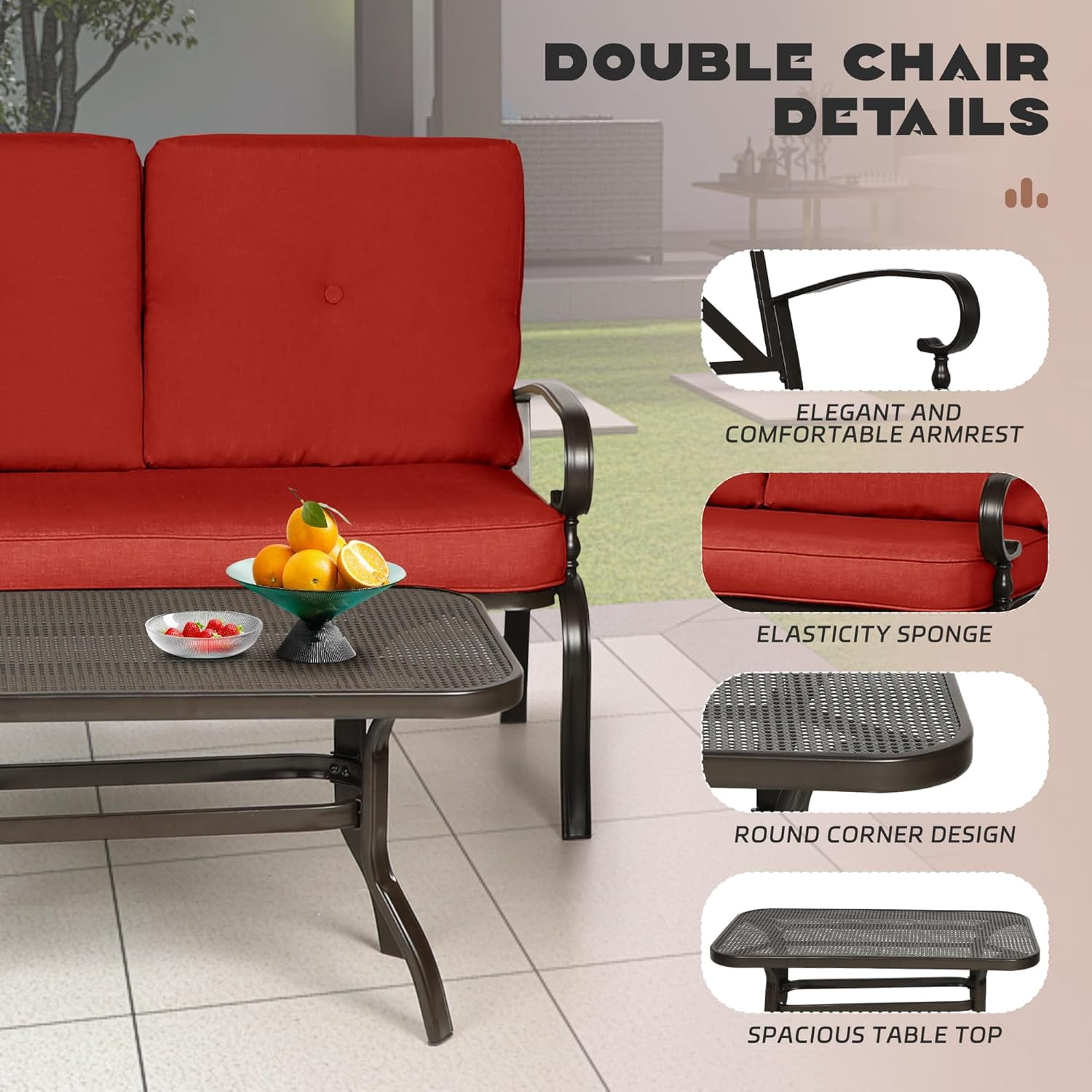 SOLAURA 4-Piece Outdoor Furniture Patio Conversation Set with Metal Table and Seating Cushions(Red)