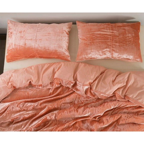 Thread Connect Velvet Duvet Cover Peach Color King/Queen Size Comforter Set, Boho Bedding Sheets Crushed Velvet bedding sets Ties Closure, (1 Duvet Cover & 2 Pillowcases)