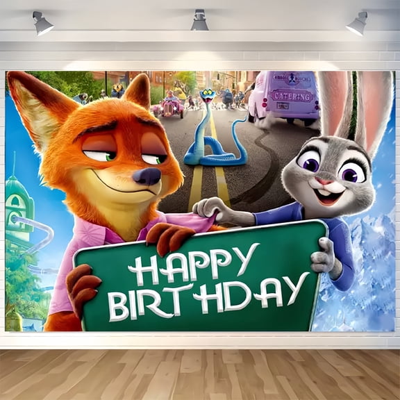 Happy Birthday Zootopia Theme Backdrops Banner Birthday Party Decor Supplies,5.9x3.6ft
