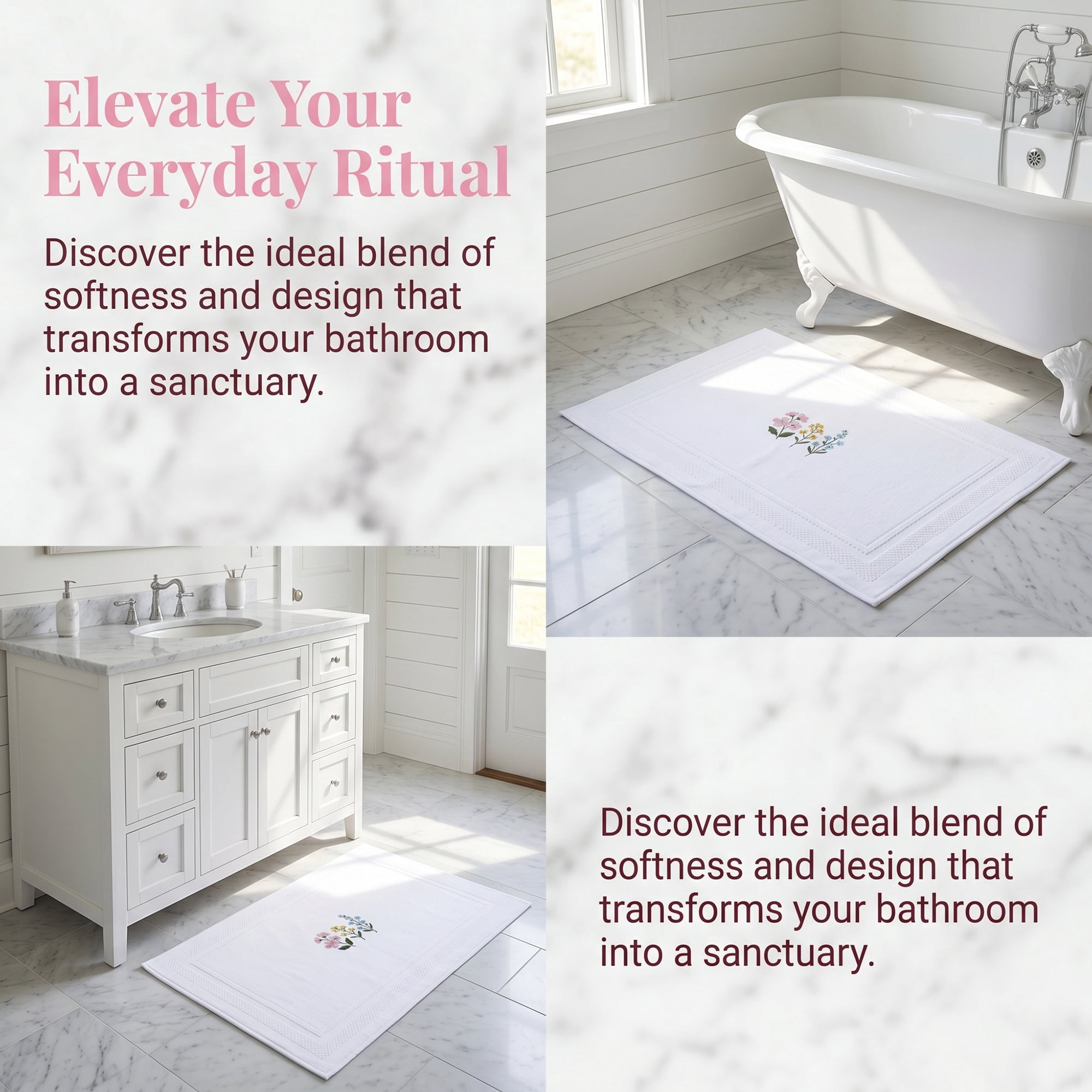 Unique Bargains Cotton Bathroom Absorbent Floral Embroidered Washable Mat White 24"x16"
