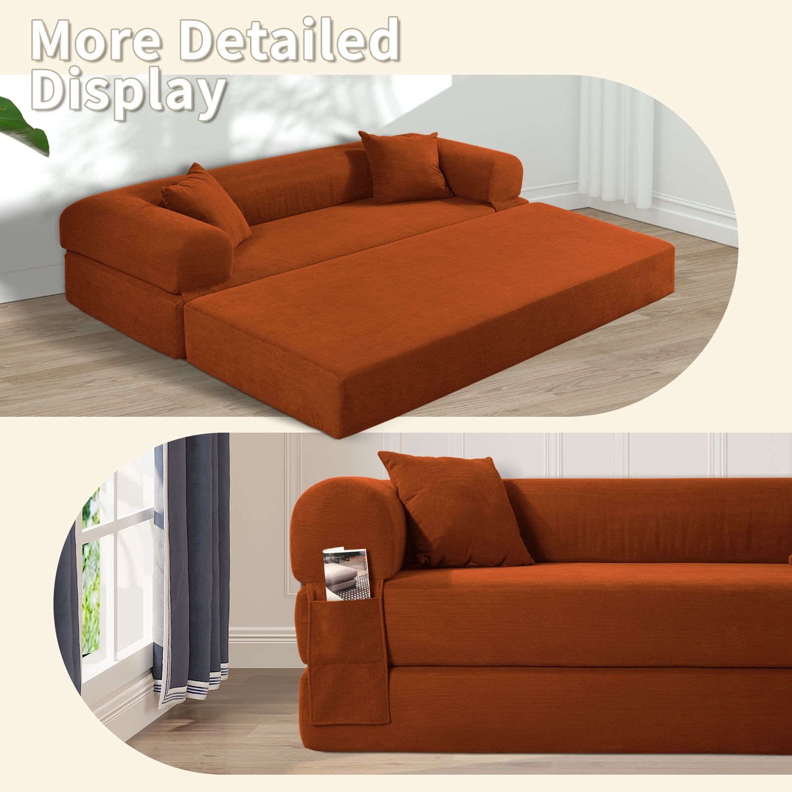 3 in 1 Convertible Sofa Bed, 80" Corduroy Folding Pull Out Couch with 2 Pillows, Floor Sofa with Side Storage for Living Room, No Assembly Modern Boneless Couch Compression Sofa, 35.4"W