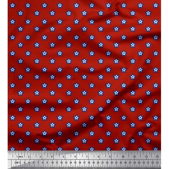 Soimoi Red polyester Crepe Fabric Blue Star Print Fabric by the Yard 52 Inch Wide