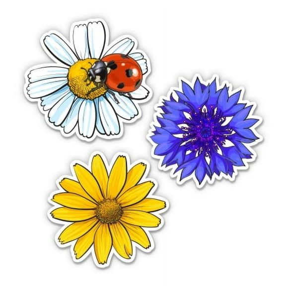 Pretty Field Flowers with Ladybug Cute Set - 2" each Vinyl Stickers - For Car Laptop I-Pad Phone Helmet Hard Hat - Waterproof Decals
