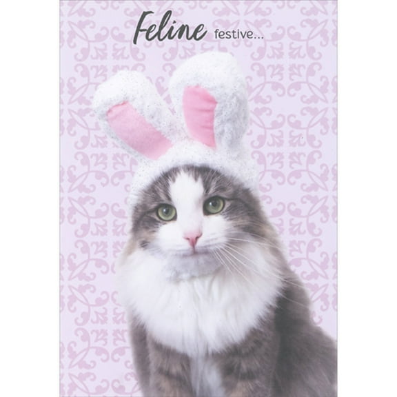Designer Greetings Feline Festive: Gray and White Cat Wearing Bunny Ears Easter Card from the Cat