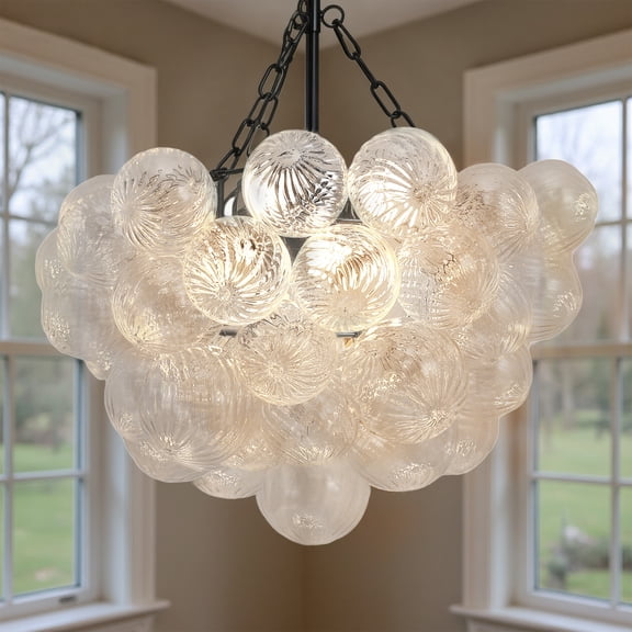 YANSUN 1-Light Black Bubble Ball Glass Integrated LED Chandelier, RGBCW Dimmable Cluster Ceiling Light for Dining Room, Bedroom, Living Room