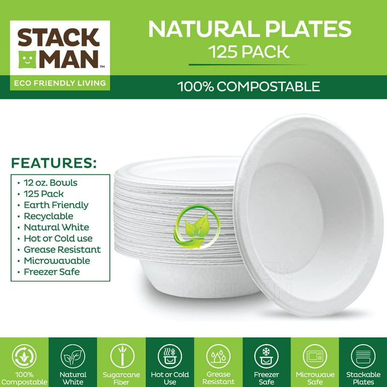 125 Pack - Paper Bowls, 12 oz Disposable Bowls 100% Compostable