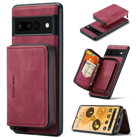 SaniMore Case for Google Pixel 8 6.3", PU Leather Case Detachable Magnetic Zipper Wallet Card Slots Kickstand Wireless Charging Anti-drop Shockproof 360°Protection Cover For Google Pixel 8, Red