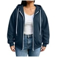thumbnail image 3 of Axdhxbd Full Zip Hoodie for Women Plus Size Winter Long Sleeve Drawstring Hoodies Sweatshirts Loose Casual Solid Color Sweatshirt Jacket with Pockets Navy L-5XL, 3 of 9