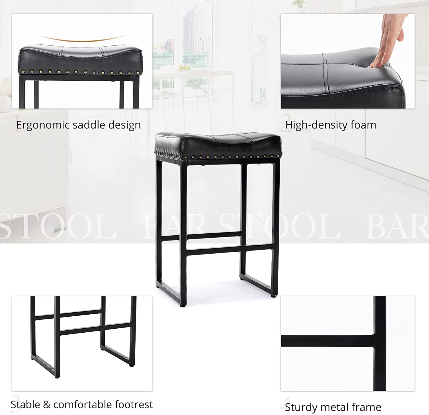 Dycanpo 24" Saddle Counter Height Bar Stools Set of 4, Modern Faux Leather, for Kitchen,Black
