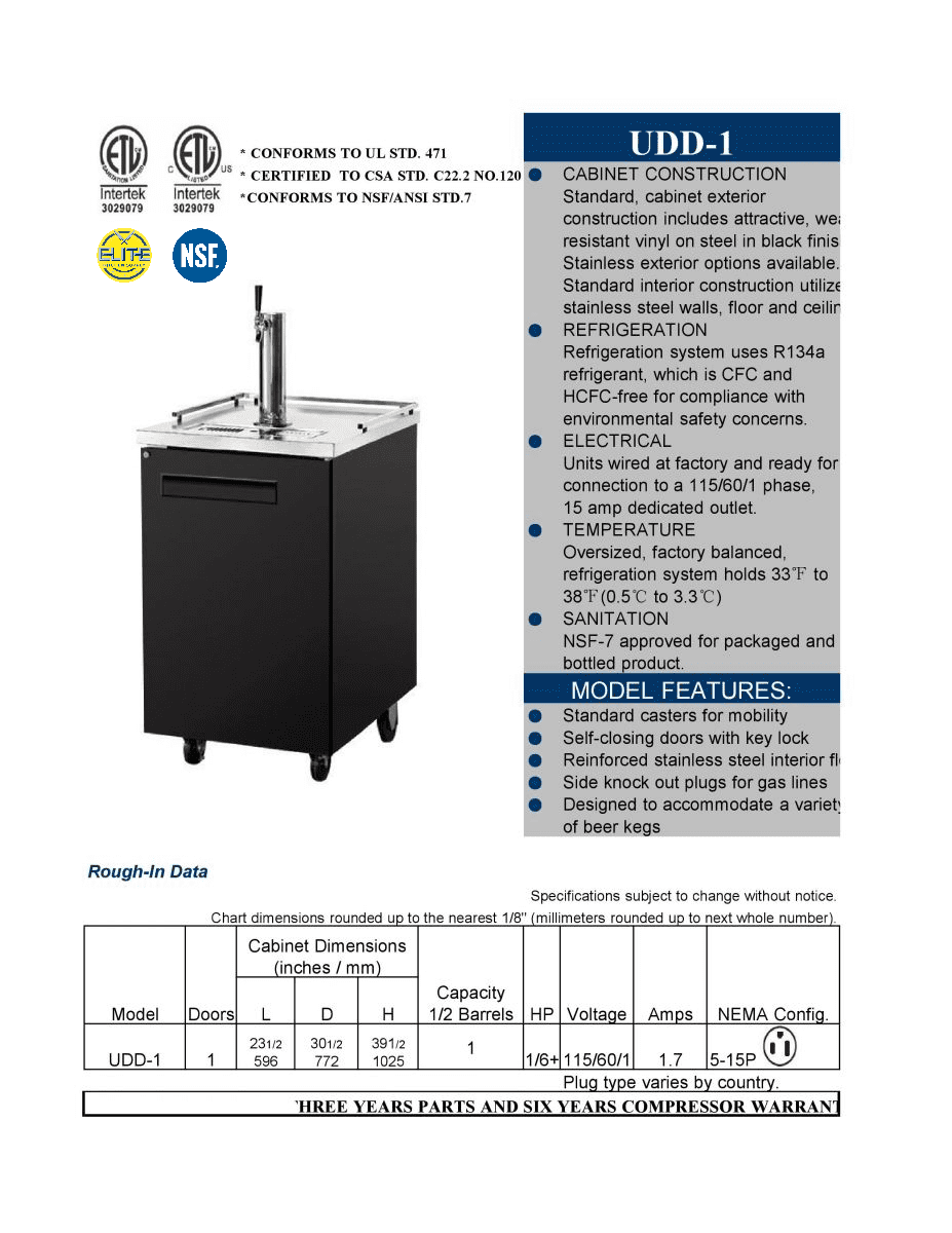 23 in. Commercial Kegerator Beer Dispenser 1 Tap Black, 1/2 Barrel NSF ETL