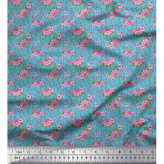 Soimoi Cotton Duck Fabric Stripe,Leaves & Peony Floral Printed Fabric 1 Yard 42 Inch Wide