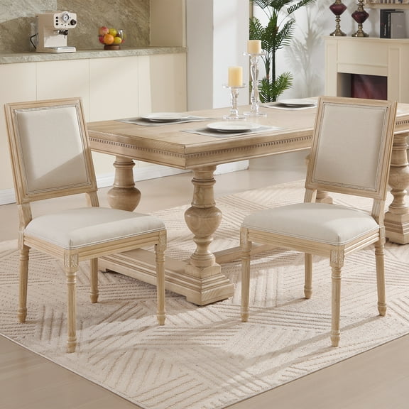French Country Dining Chairs Set of 2, Upholstered Chairs with Square Back, Wire drawing and carving techniques ,Disassemblable , for Living Room, Kitchen , Restaurant Use, Beige