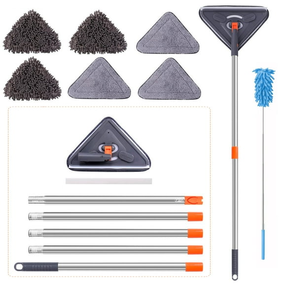 Microfiber Dust Mop Dusting Tool Kits with Extension Pole 85 Inches Wall Cleaner Triangle Shaped 360° Rotating Wall Cleaner with 6 Replacement Pads, Wall Cleaning Mop for Floor Cleaning Ceiling Washer