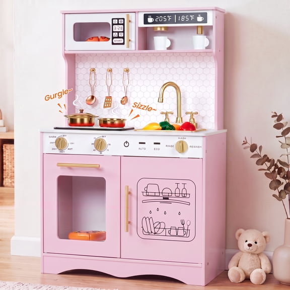Wisairt Wooden Play Kitchen for Kids, Pretend Play Kitchen with Realistic Sounds & 17-Piece Accessory Set, Pink, Age 3 