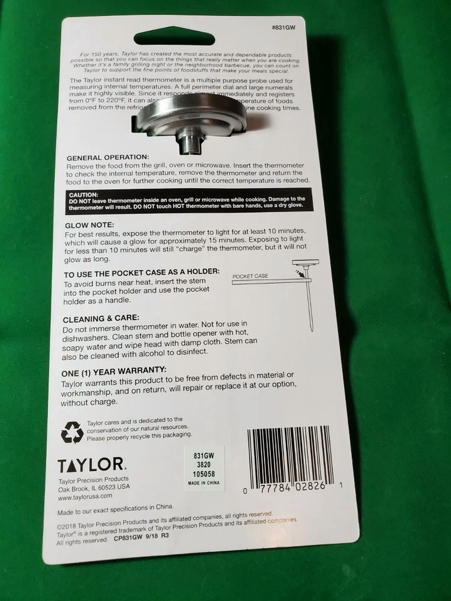 Taylor Grill Instant Read Thermometer With Oval Dial # 831 Gw