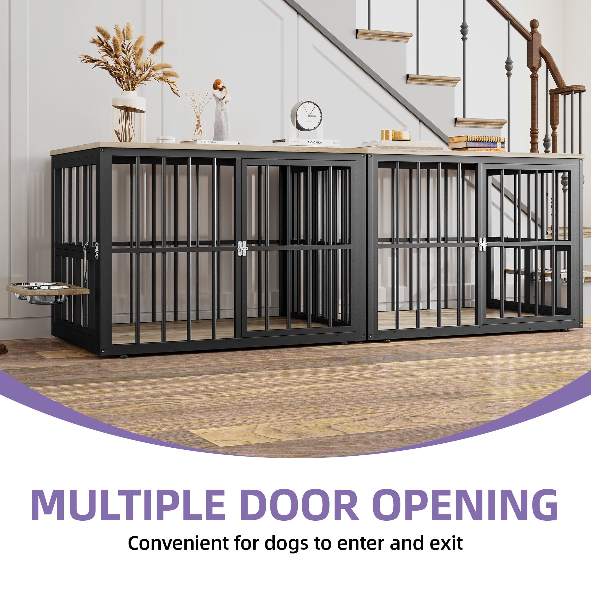 Uforic 88.6" Large Wooden Dog Crate Furniture with 3 Doors & 2 Rotatable Bowls, L-Shaped Adjustable Pet Cage TV Stand with Removable Partition for Medium Large Dogs, Gray