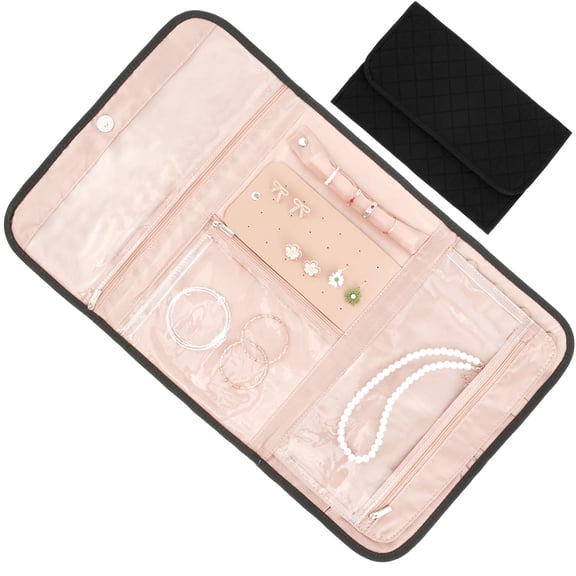 Travel Jewelry Case Organizer Foldable Jewelry Storage Roll for Earrings Necklaces Rings Bracelets Brooches Pink