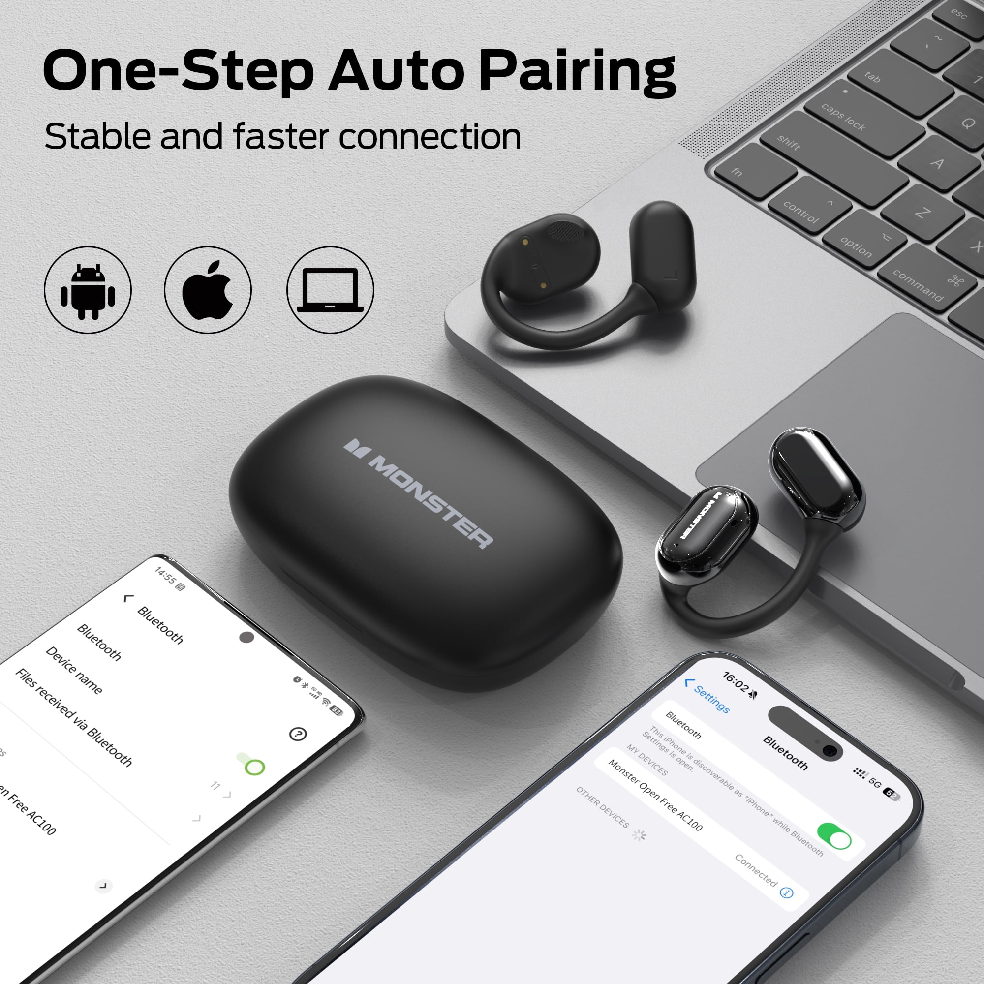 Monster Open Ear Headphones, Bluetooth 5.3 Wireless Headphones with Earhooks, Immersive Stereo Sound by Dual Large Driver, Clear Talk, 30H Playtime,Waterproof Sport Earbuds for Running