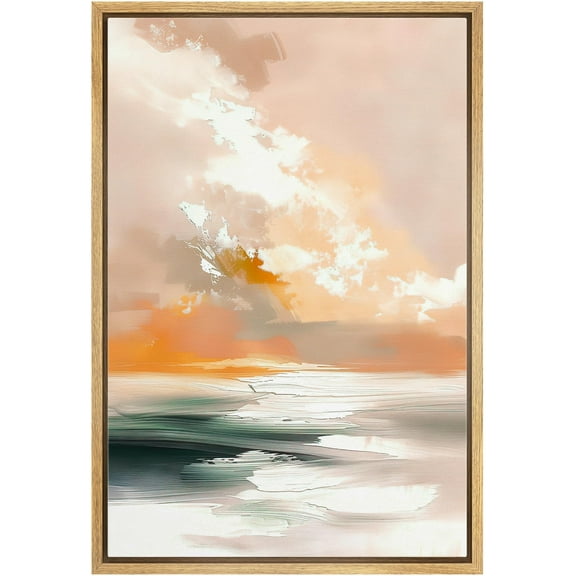 IDEA4WALL Framed Canvas Wall Art Serene Sunset Over Ocean Peaceful Landscape Illustrations Print Multicolor Abstract Digital Art Relax/Calm for Living Room, Bedroom, Office - Natural 24"x36"