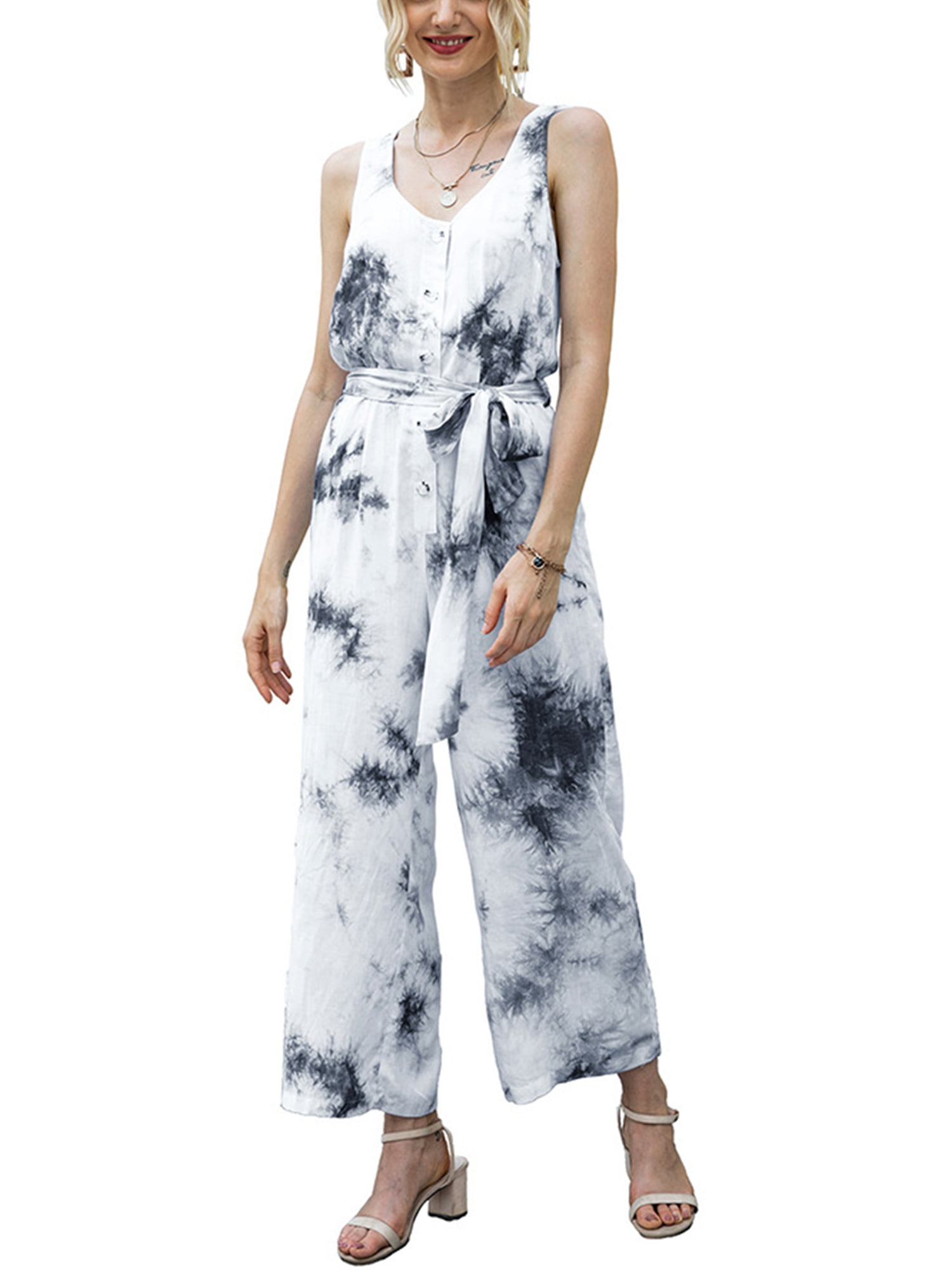 Lady Sleeveless Loose Wide Leg Jumpsuit Overalls Summer Casual Trousers Romper 