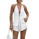 thumbnail image 2 of Conjunto de 2 Piezas de Top Holgado de Verano para Mujer, Sexy, con Espalda Descubierta, Cuello Halter y Lazo Frontal, y Pantalones Cortos de Cintura Alta. Crema XL, 2 of 10